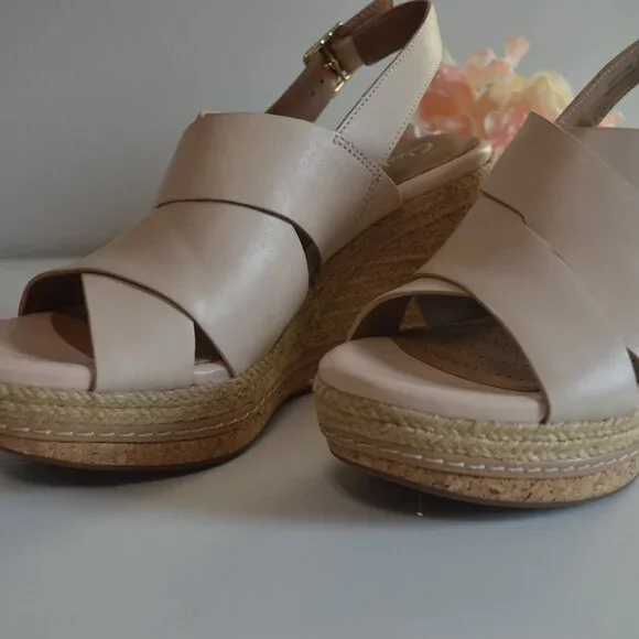 Clarks Amelia Dally Ecru Leather Espadrille Wedge Sandals - Picture 5 of 12